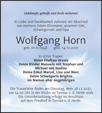 Traueranzeige von Wolfgang Horn von Trauerkombi Bitterfeld