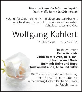 Traueranzeige von Wolfgang Kahlert von Mitteldeutsche Zeitung Bitterfeld