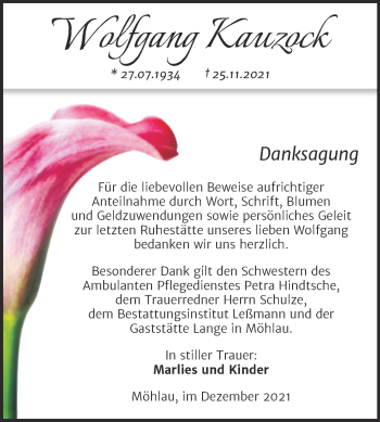 Traueranzeige von Wolfgang Kauzock von Trauerkombi Wittenberg
