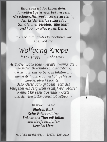 Traueranzeige von Wolfgang Knape von Trauerkombi Wittenberg
