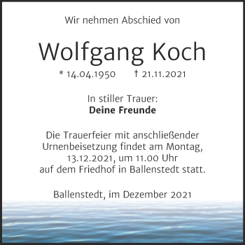 Traueranzeige von Wolfgang Koch von Trauerkombi Quedlinburg