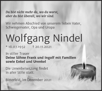 Traueranzeige von Wolfgang Nindel von Trauerkombi Bitterfeld