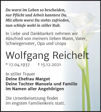 Traueranzeige von Wolfgang Reichelt von Trauerkombi Bitterfeld