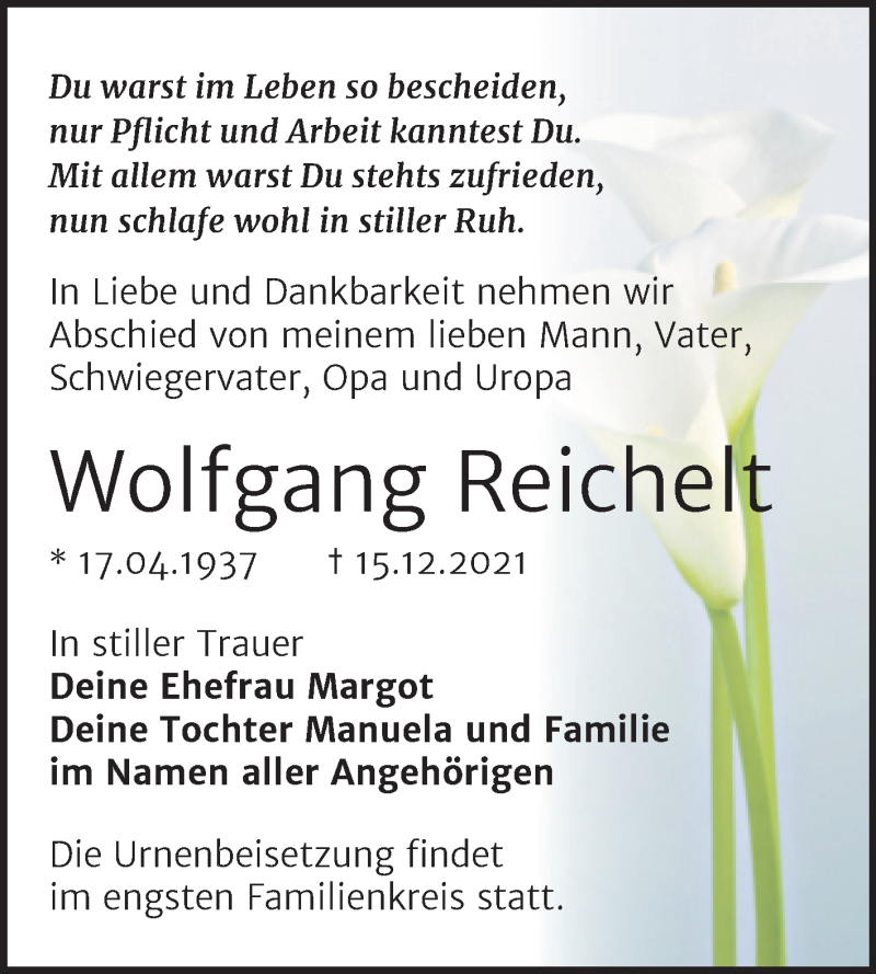  Traueranzeige für Wolfgang Reichelt vom 29.12.2021 aus Trauerkombi Bitterfeld