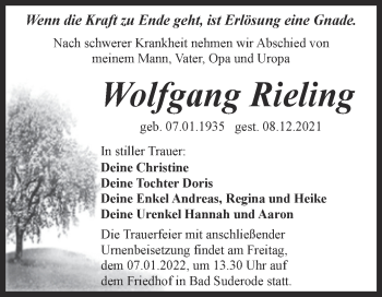 Traueranzeige von Wolfgang Rieling von Trauerkombi Quedlinburg
