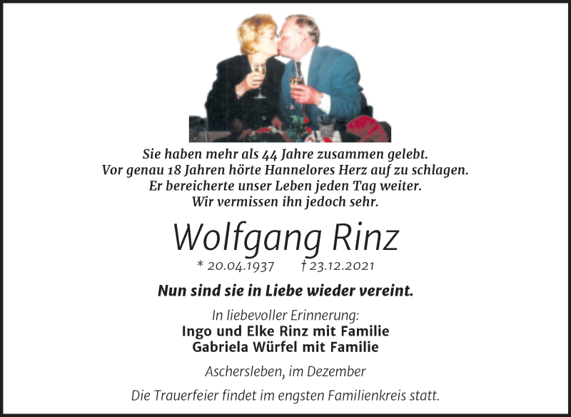  Traueranzeige für Wolfgang Rinz vom 30.12.2021 aus Trauerkombi Aschersleben