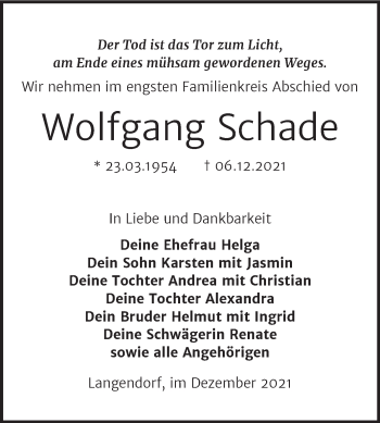 Traueranzeige von Wolfgang Schade von Trauerkombi Weißenfels