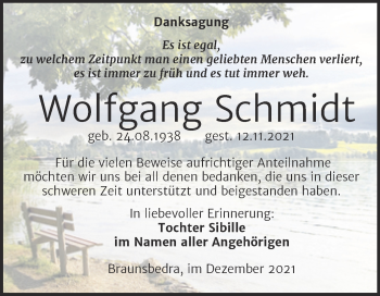 Traueranzeige von Wolfgang Schmidt von Trauerkombi Merseburg