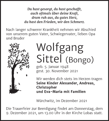 Traueranzeige von Wolfgang Sittel von Trauerkombi Zeitz