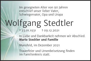 Traueranzeige von Wolfgang Stedtler von Trauerkombi Mansfelder Land