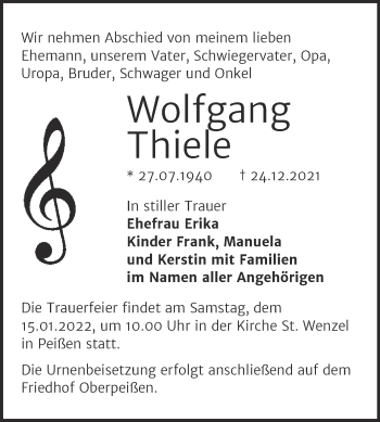 Traueranzeige von Wolfgang Thiele von Trauerkombi Bernburg