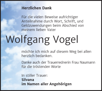Traueranzeige von Wolfgang Vogel von Trauerkombi Bitterfeld