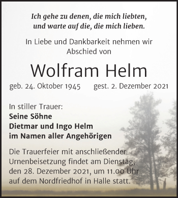 Traueranzeige von Wolfram Helm von Mitteldeutsche Zeitung Halle/Saalkreis