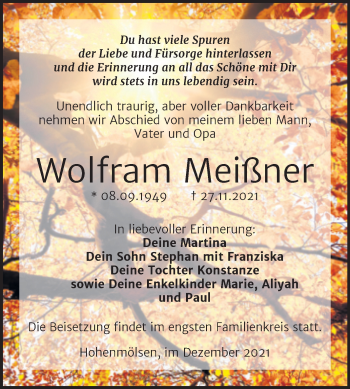 Traueranzeige von Wolfram Meißner von Trauerkombi Weißenfels