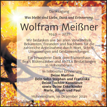 Traueranzeige von Wolfram Meißner von Trauerkombi Weißenfels
