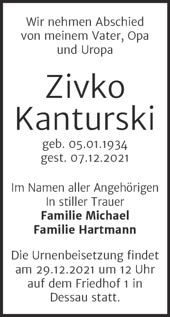 Traueranzeige von Zivko Kanturski von Trauerkombi Dessau