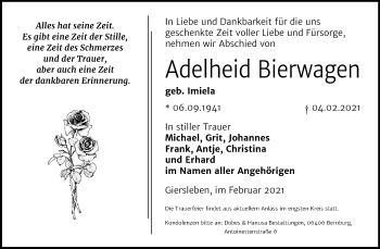 Traueranzeige von Adelheid Bierwagen von Super Sonntag Aschersleben