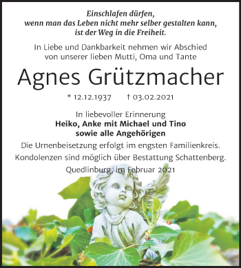 Traueranzeige von Agnes Grützmacher von Mitteldeutsche Zeitung Quedlinburg