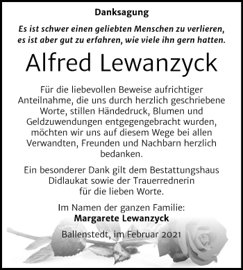Traueranzeige von Alfred Lewanzyck von Super Sonntag Quedlinburg
