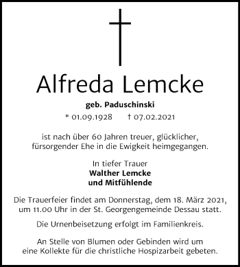 Traueranzeige von Alfreda Lemcke von Mitteldeutsche Zeitung Dessau-Roßlau