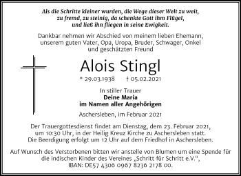 Traueranzeige von Alois Stingl von Mitteldeutsche Zeitung Aschersleben