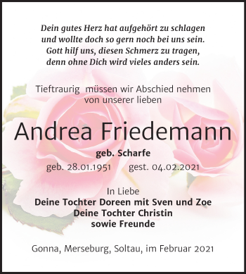 Traueranzeige von Andrea Friedemann von Super Sonntag Sangerhausen
