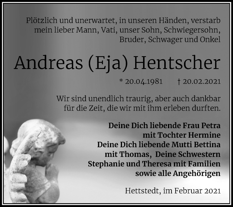  Traueranzeige für Andreas Hentscher vom 26.02.2021 aus Mitteldeutsche Zeitung Mansfelder Land
