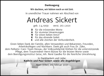 Traueranzeige von Andreas Sickert von Mitteldeutsche Zeitung Köthen