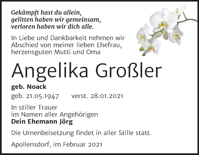  Traueranzeige für Angel Großler vom 06.02.2021 aus Mitteldeutsche Zeitung Wittenberg