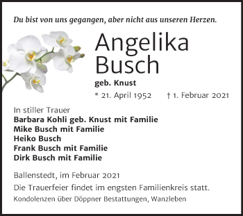 Traueranzeige von Angelika Busch von Super Sonntag Quedlinburg