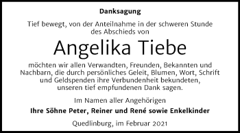 Traueranzeige von Angelika Tiebe von Super Sonntag Quedlinburg