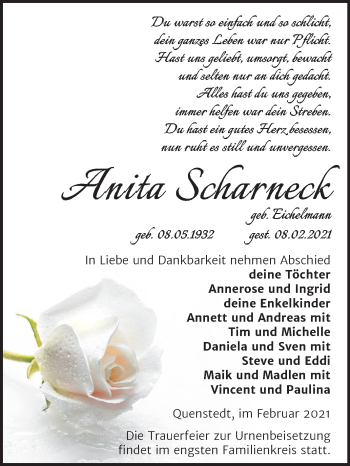 Traueranzeige von Anita Scharneck von Super Sonntag Mansfelder Land