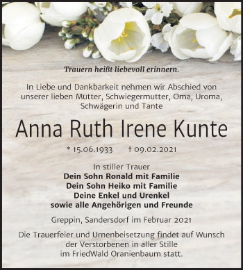 Traueranzeige von Anna Ruth Irene Kunte von Mitteldeutsche Zeitung Bitterfeld