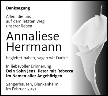Traueranzeige von Annaliese Herrmann von Mitteldeutsche Zeitung Sangerhausen