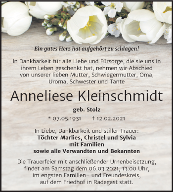 Traueranzeige von Anneliese Kleinschmidt von Super Sonntag Köthen
