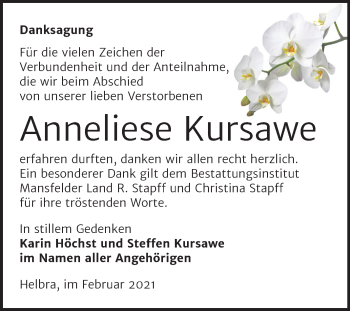 Traueranzeige von Anneliese Kursawe von Mitteldeutsche Zeitung Mansfelder Land