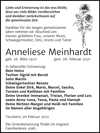 Traueranzeige von Anneliese Meinhardt von Super Sonntag Weißenfels