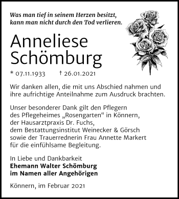 Traueranzeige von Anneliese Schömburg von Super Sonntag Bernburg