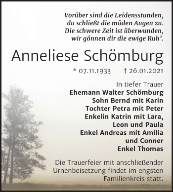 Traueranzeige von Anneliese Schömburg von Mitteldeutsche Zeitung Bernburg