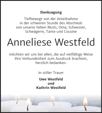 Traueranzeige von Anneliese Westfeld von Super Sonntag Sangerhausen