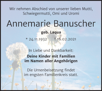 Traueranzeige von Annemarie Banuscher von Mitteldeutsche Zeitung Halle/Saalkreis