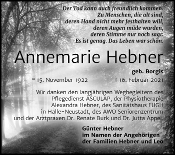 Traueranzeige von Annemarie Hebner von Mitteldeutsche Zeitung Halle/Saalkreis