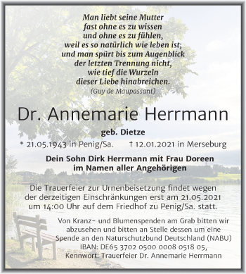 Traueranzeige von Annemarie Herrmann von Mitteldeutsche Zeitung Merseburg/Querfurt