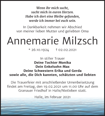 Traueranzeige von Annemarie Milzsch von Mitteldeutsche Zeitung Halle/Saalkreis
