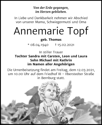 Traueranzeige von Annemarie Topf von Super Sonntag Bernburg