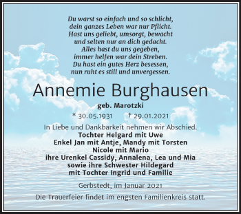 Traueranzeige von Annemie Burghausen von Super Sonntag Mansfelder Land