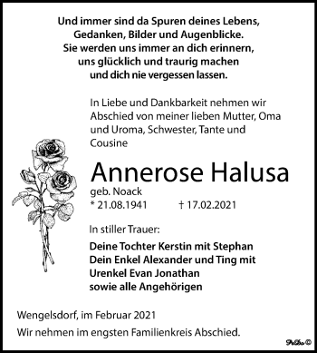 Traueranzeige von Annerose Halusa von Mitteldeutsche Zeitung Weißenfels