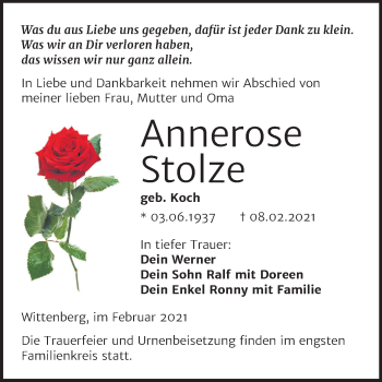 Traueranzeige von Annerose Stolze von Mitteldeutsche Zeitung Wittenberg