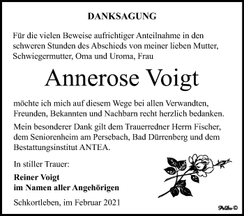 Traueranzeige von Annerose Voigt von Super Sonntag Weißenfels