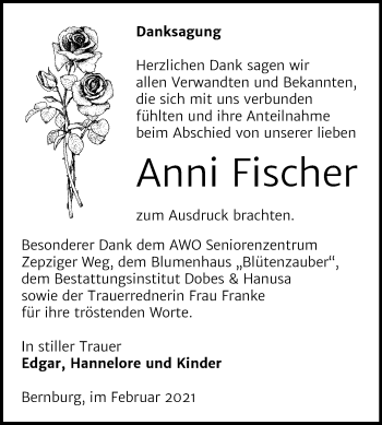 Traueranzeige von Anni Fischer von Super Sonntag Bernburg